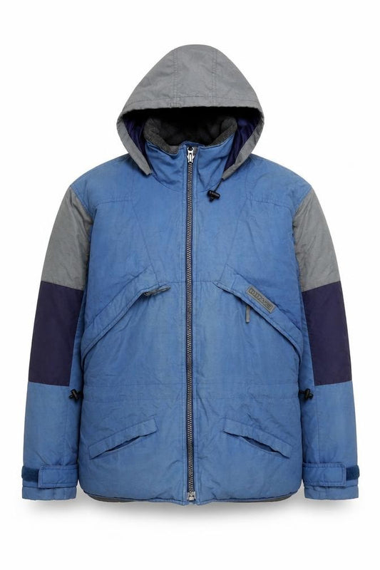 Front view of Daniel David Men's Blue Hooded Puffer Jacket, size M, Nylon Winter Coat