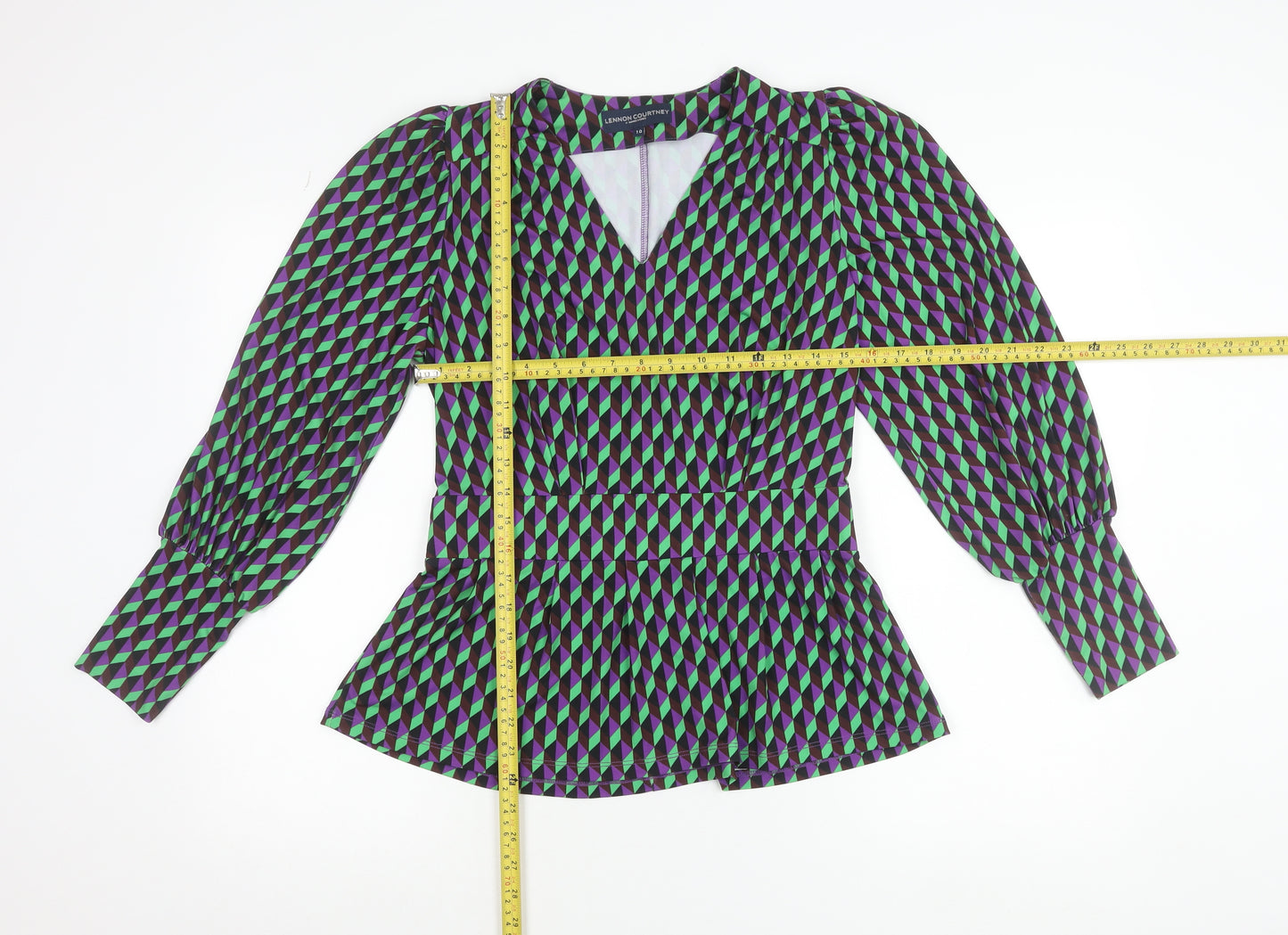 Lennon Courtney Women's Multicoloured Geometric Peplum Blouse Size 10