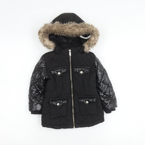 River Island Girls Black Faux Fur Hooded Quilted Puffer Jacket 2-3 Years