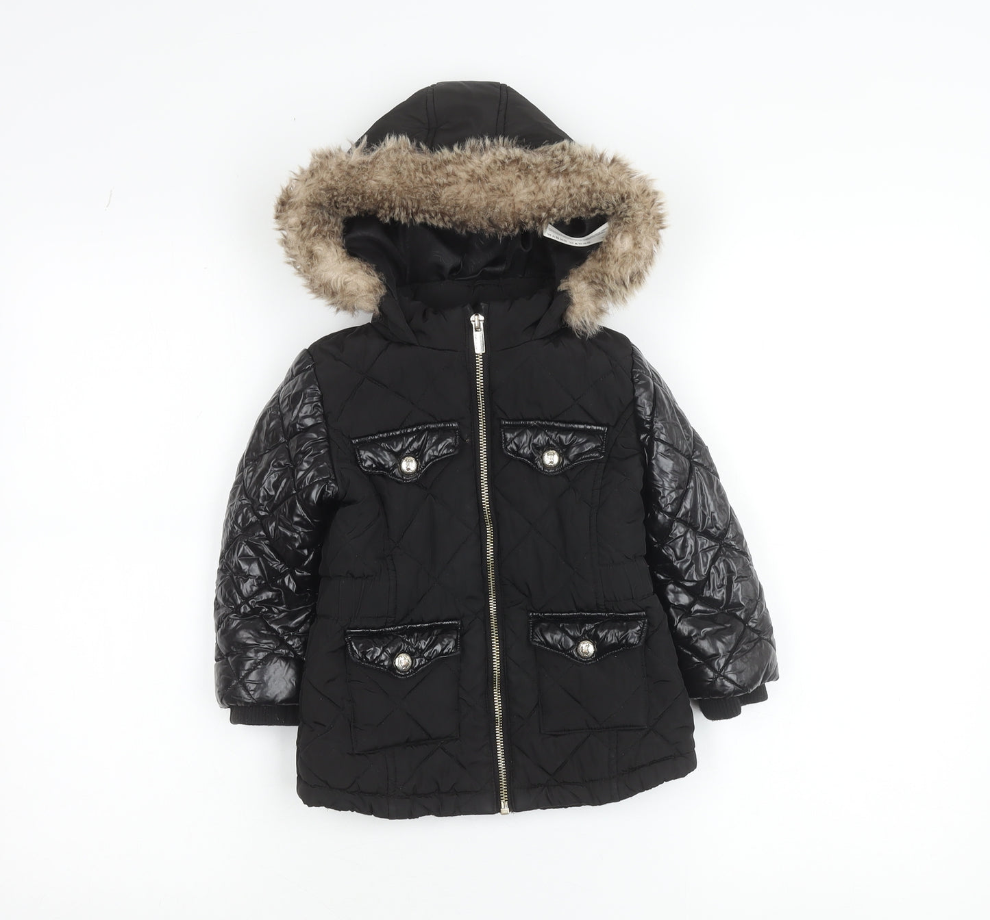 River Island Girls Black Faux Fur Hooded Quilted Puffer Jacket 2-3 Years