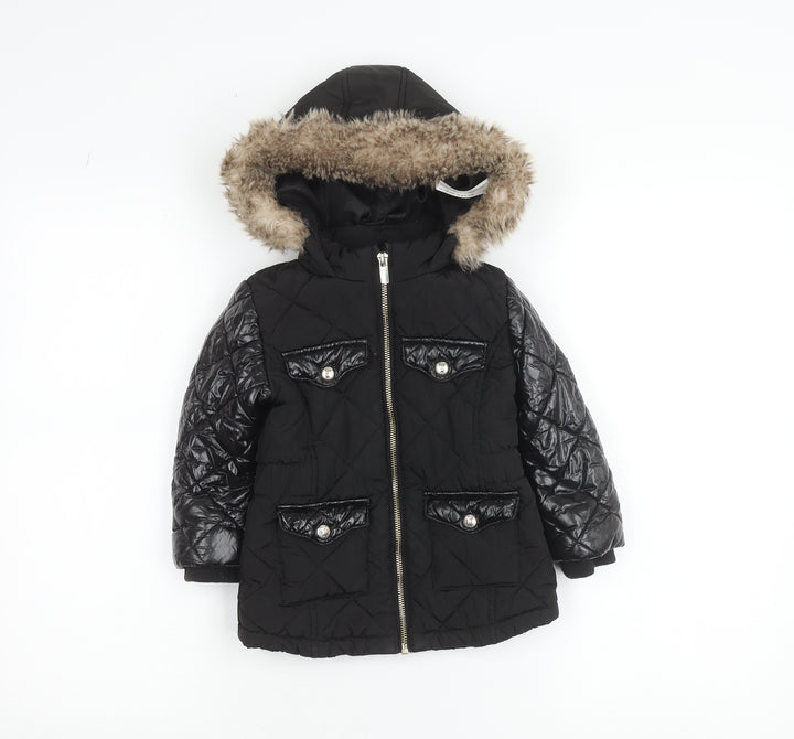 River Island Girls Black Faux Fur Hooded Quilted Puffer Jacket 2-3 Years