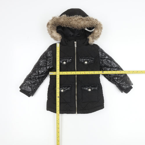 River Island Girls Black Faux Fur Hooded Quilted Puffer Jacket 2-3 Years