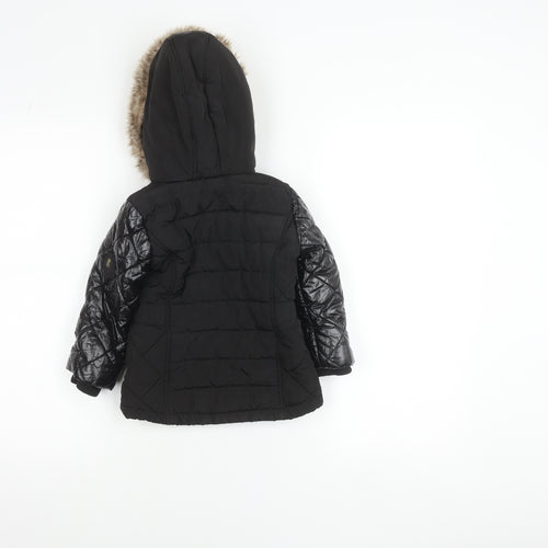 River Island Girls Black Faux Fur Hooded Quilted Puffer Jacket 2-3 Years