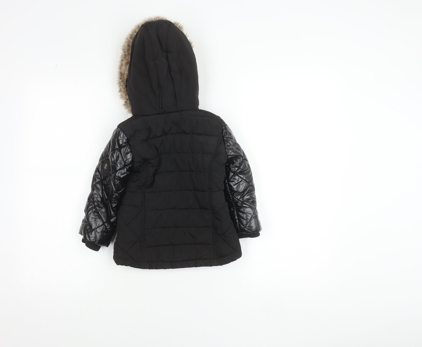 River Island Girls Black Faux Fur Hooded Quilted Puffer Jacket 2-3 Years