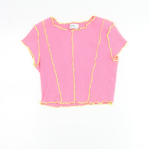 Bershka Girls Pink Cropped Ribbed Slim Fit T-Shirt with Yellow Stitching - Size S