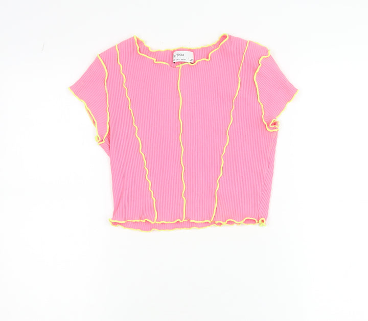 Bershka Girls Pink Cropped Ribbed Slim Fit T-Shirt with Yellow Stitching - Size S