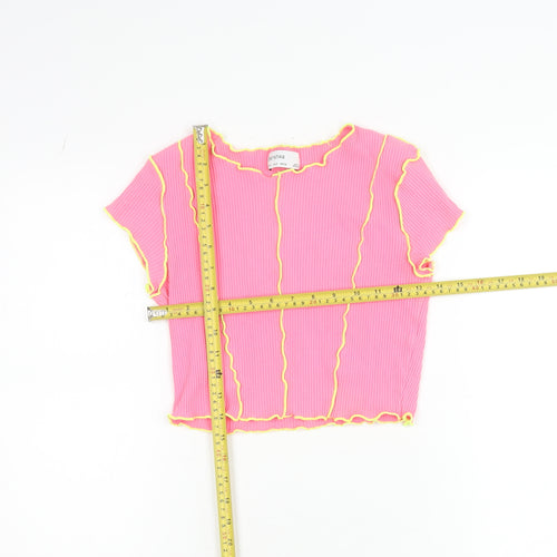 Bershka Girls Pink Cropped Ribbed Slim Fit T-Shirt with Yellow Stitching - Size S
