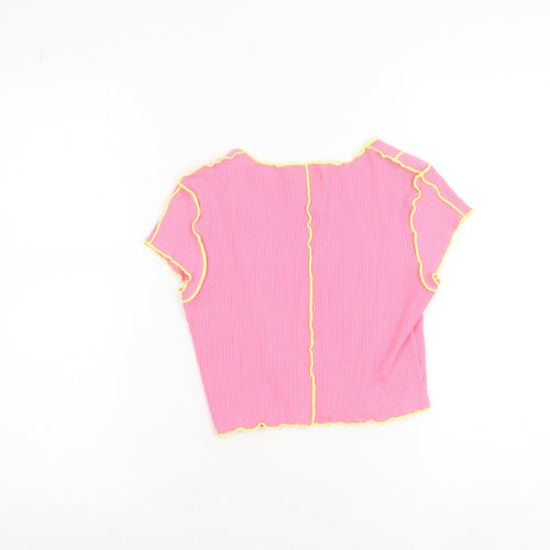 Bershka Girls Pink Cropped Ribbed Slim Fit T-Shirt with Yellow Stitching - Size S
