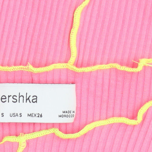 Bershka Girls Pink Cropped Ribbed Slim Fit T-Shirt with Yellow Stitching - Size S