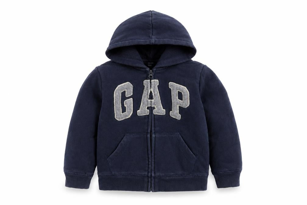 Front view of Gap boys’ blue hooded full zip logo fleece jacket 5 years