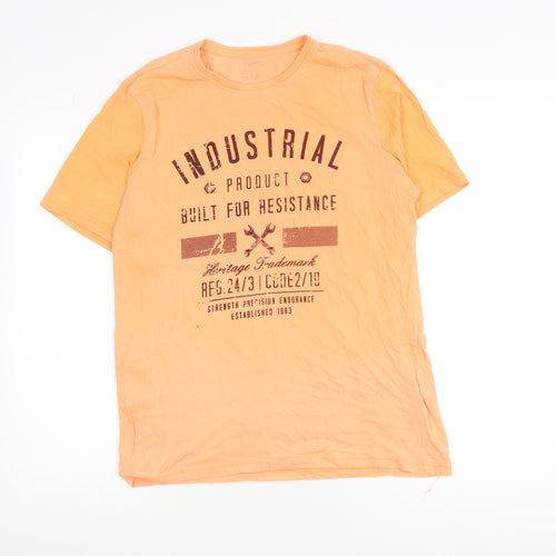Livergy Orange Cotton Industrial Print Unisex Adults Regular Fit T-Shirt L