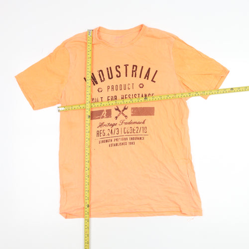 Livergy Orange Cotton Industrial Print Unisex Adults Regular Fit T-Shirt L
