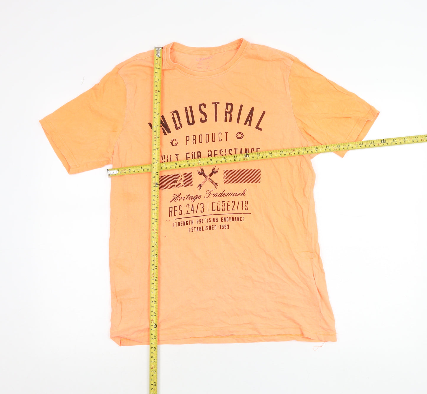 Livergy Orange Cotton Industrial Print Unisex Adults Regular Fit T-Shirt L
