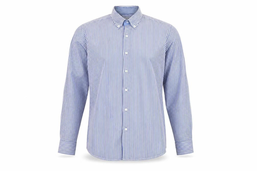 Front view of Yachting & Co Men's Blue Striped Cotton Button-Up Shirt L