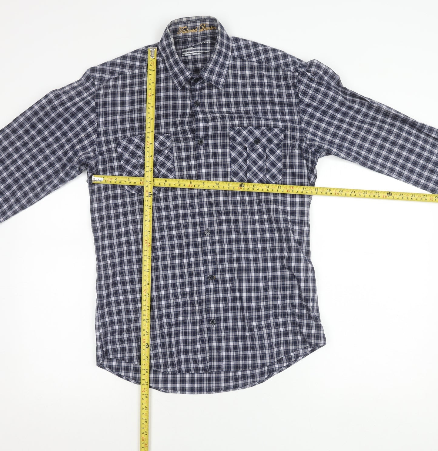 Selected Homme Men’s Blue Checked Long Sleeve Cotton Button-Up Shirt Size S