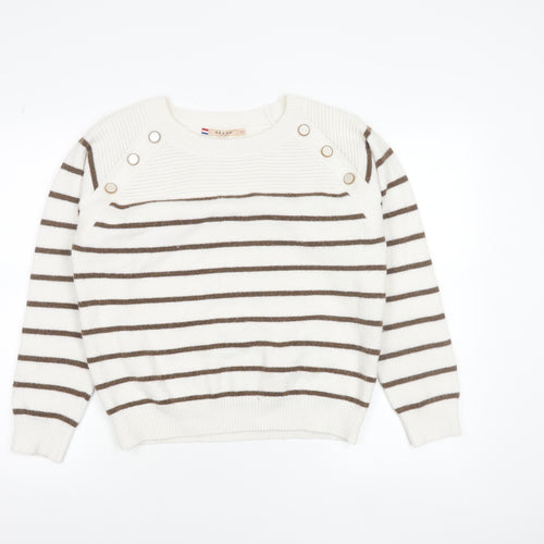 Azaka Paris Women White Striped Crew Neck Knit Button Jumper One Size