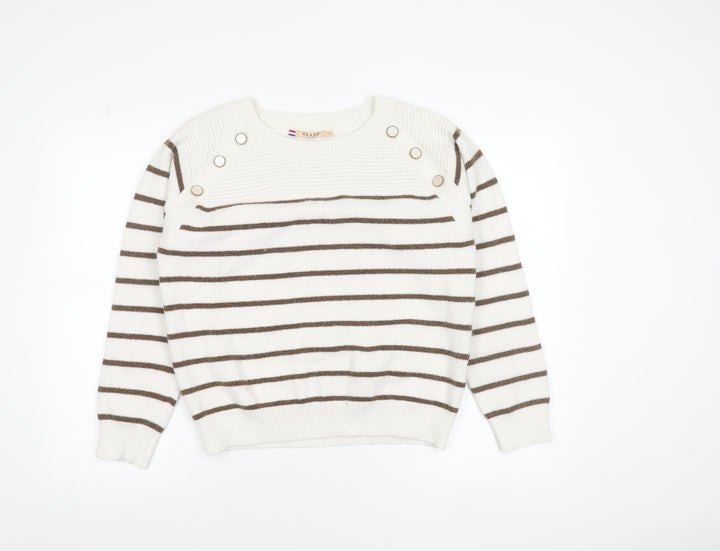 Azaka Paris Women White Striped Crew Neck Knit Button Jumper One Size