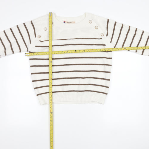 Azaka Paris Women White Striped Crew Neck Knit Button Jumper One Size