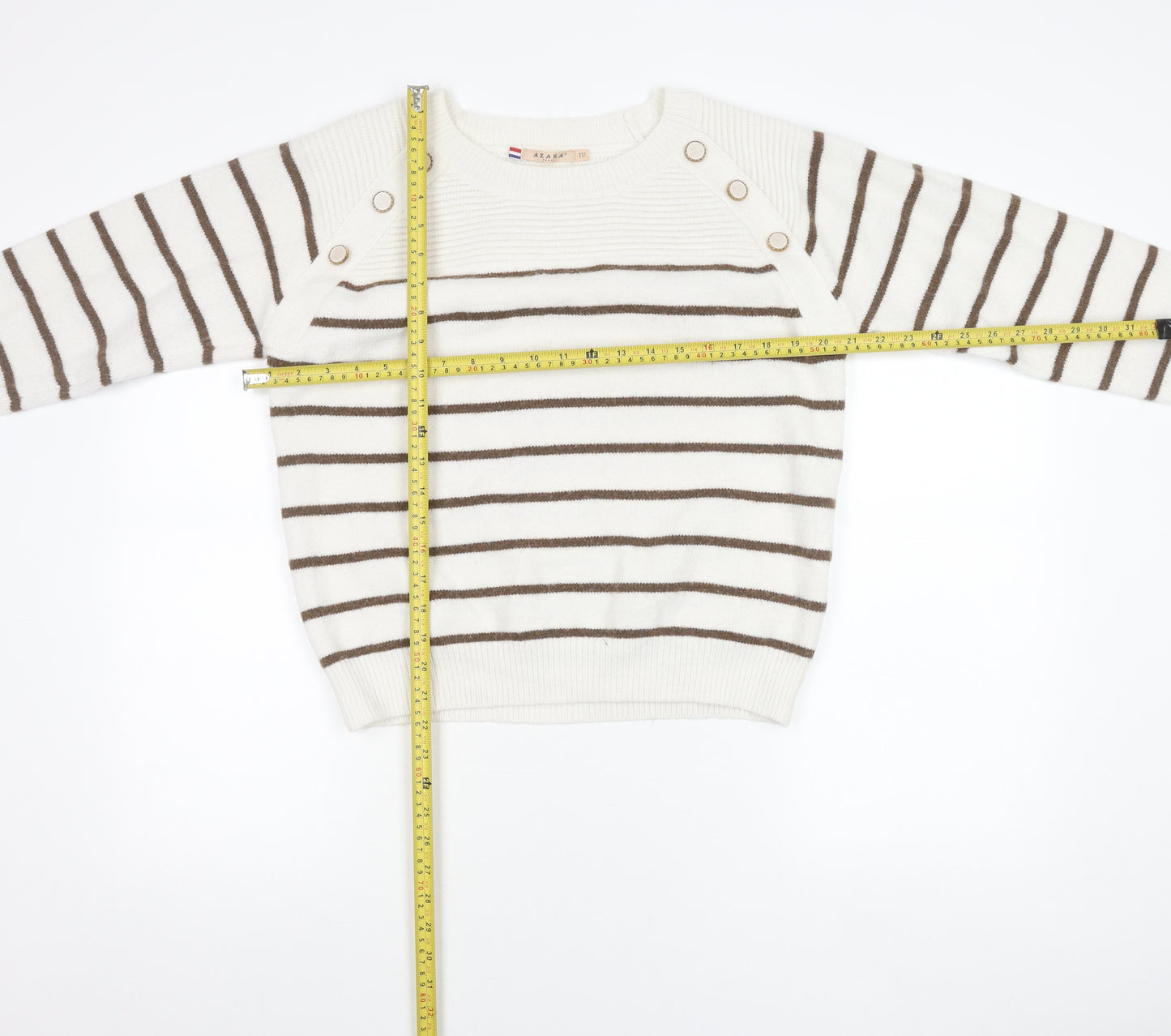 Azaka Paris Women White Striped Crew Neck Knit Button Jumper One Size