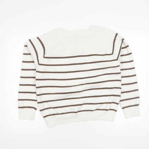 Azaka Paris Women White Striped Crew Neck Knit Button Jumper One Size