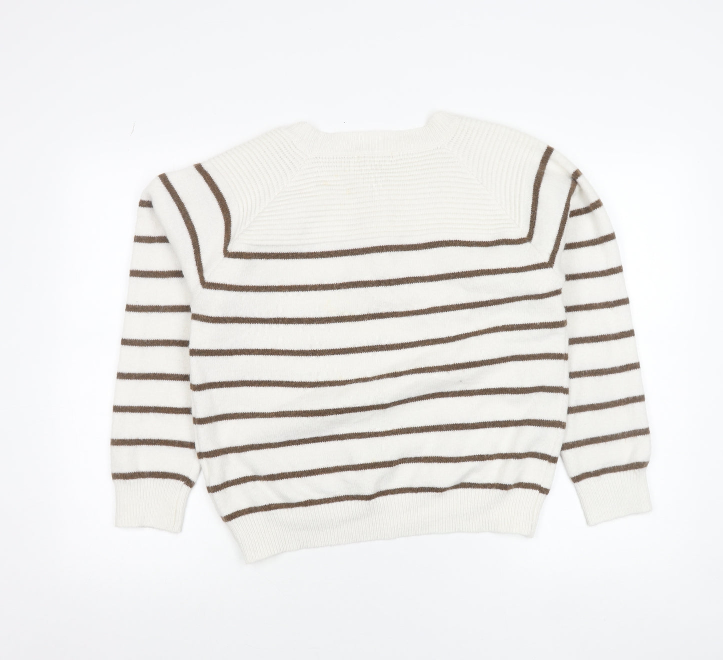 Azaka Paris Women White Striped Crew Neck Knit Button Jumper One Size