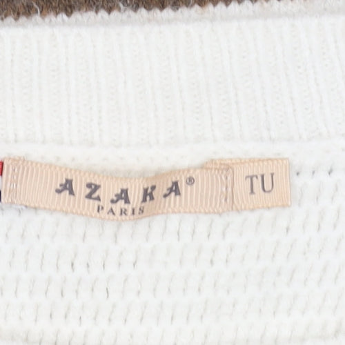 Azaka Paris Women White Striped Crew Neck Knit Button Jumper One Size