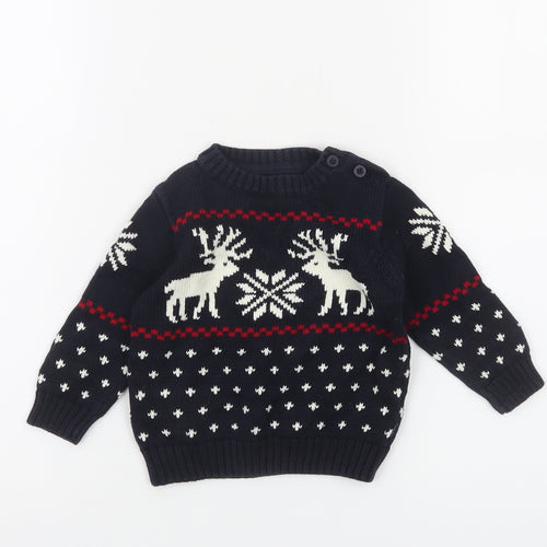 Gant Unisex Baby Navy Blue Reindeer Knit Jumper 3-6 Months Christmas Pullover