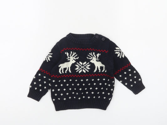 Front view of GANT unisex baby navy blue reindeer knit jumper 3-6 months christmas pullover
