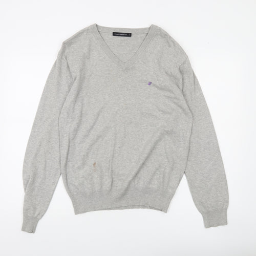 French Connection Men's Grey Cotton V-Neck Jumper Size M