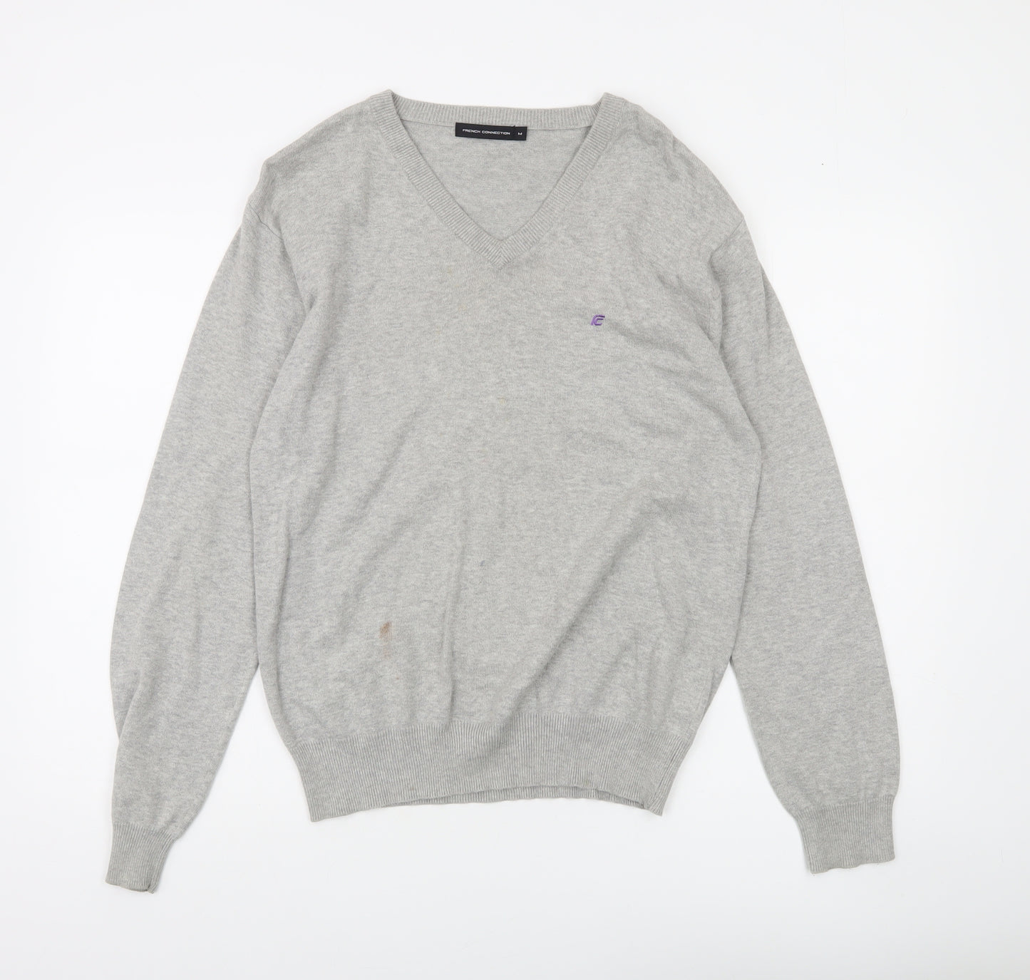 French Connection Men's Grey Cotton V-Neck Jumper Size M