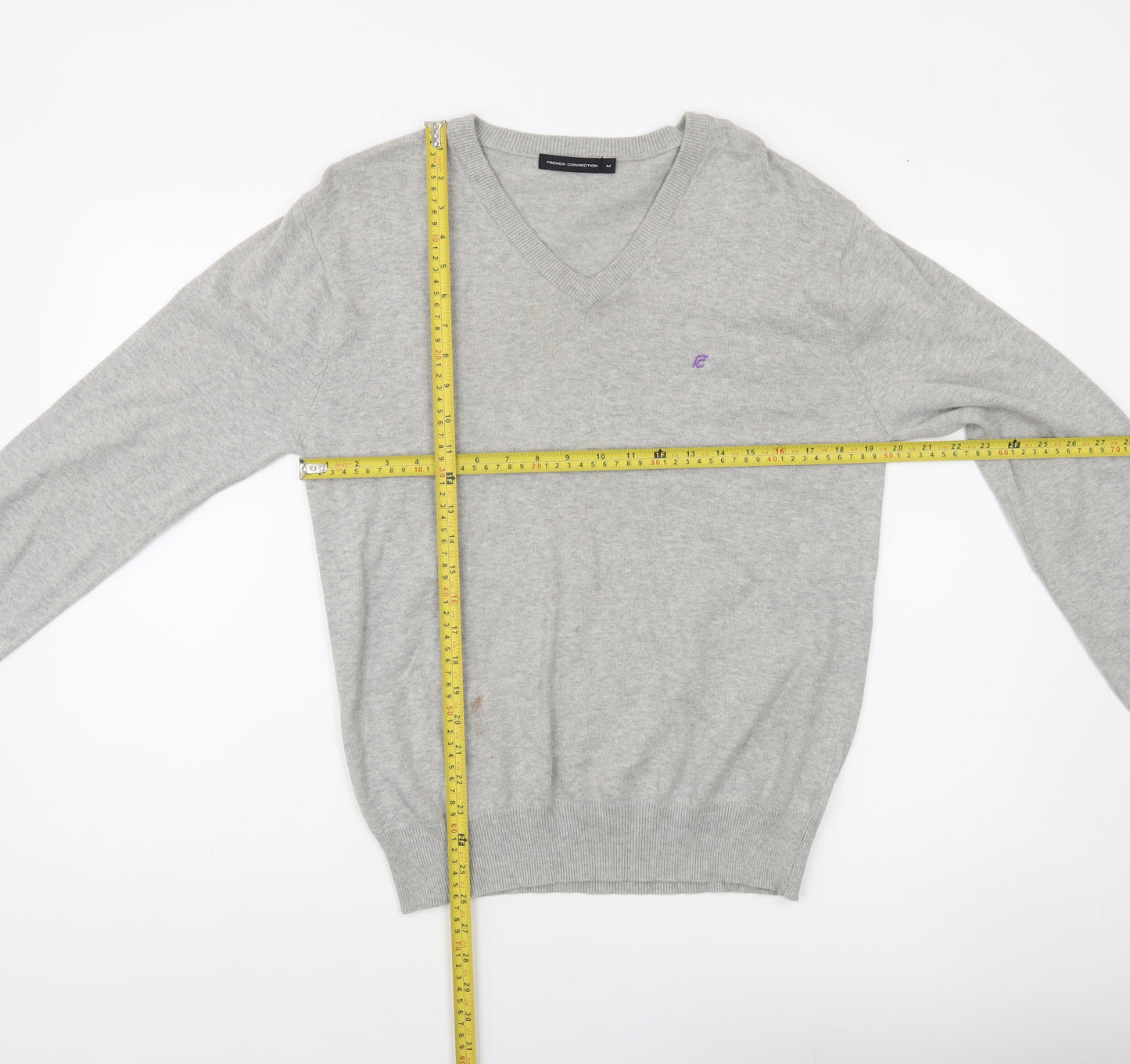French Connection Men's Grey Cotton V-Neck Jumper Size M