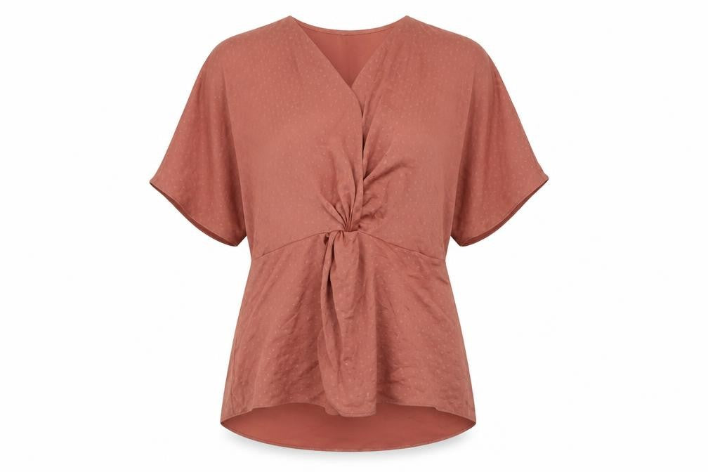 Front view of River Island Women’s Brown Wrap Blouse, size UK 10, Short Sleeve