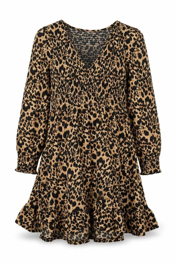 Front view of Savida Women Beige Leopard Print A-Line Dress, size 12
