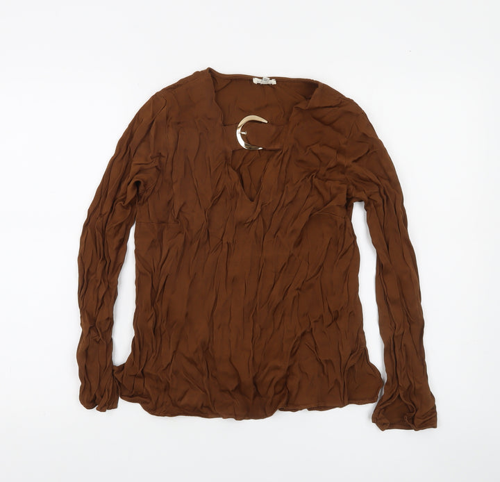 River Island Women’s Brown Long Sleeve V-Neck Tunic Blouse Size 10