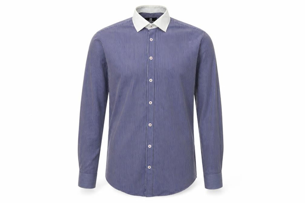 Front view of Peter Werth Men’s Blue Striped Cotton Long Sleeve Button-Up Shirt 15.5
