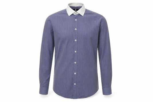 Front view of Peter Werth Men’s Blue Striped Cotton Long Sleeve Button-Up Shirt 15.5