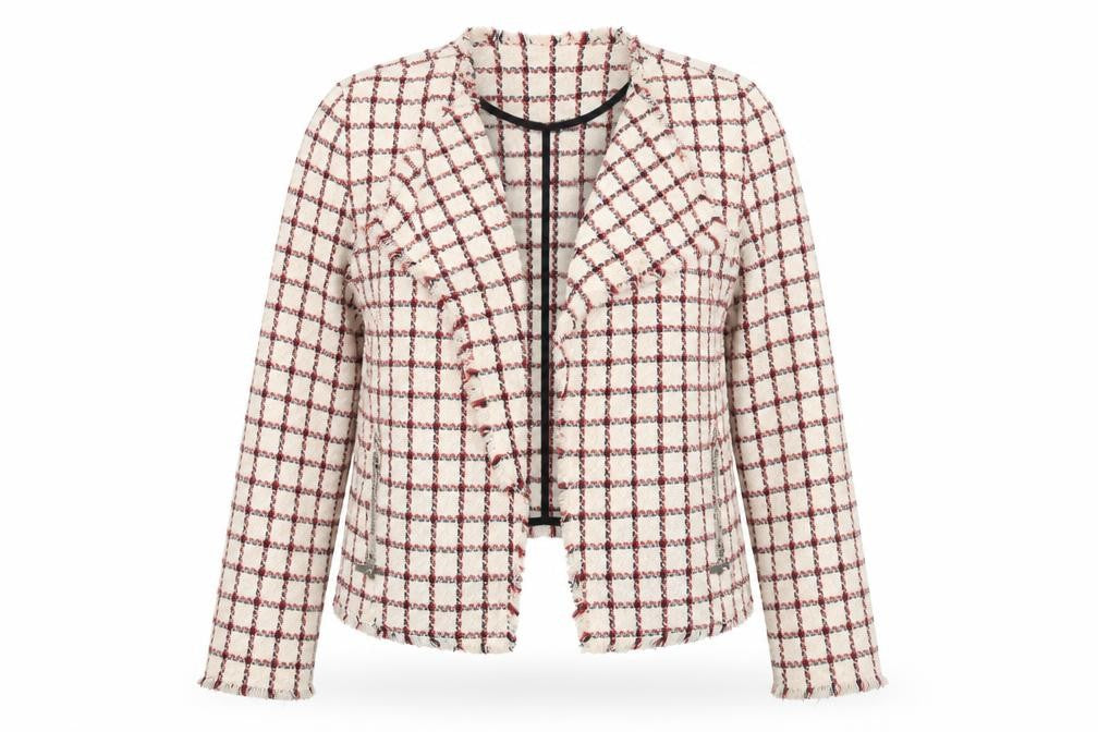 Front view of Zara Basic Women Beige Check Tweed Blazer Jacket, size 12