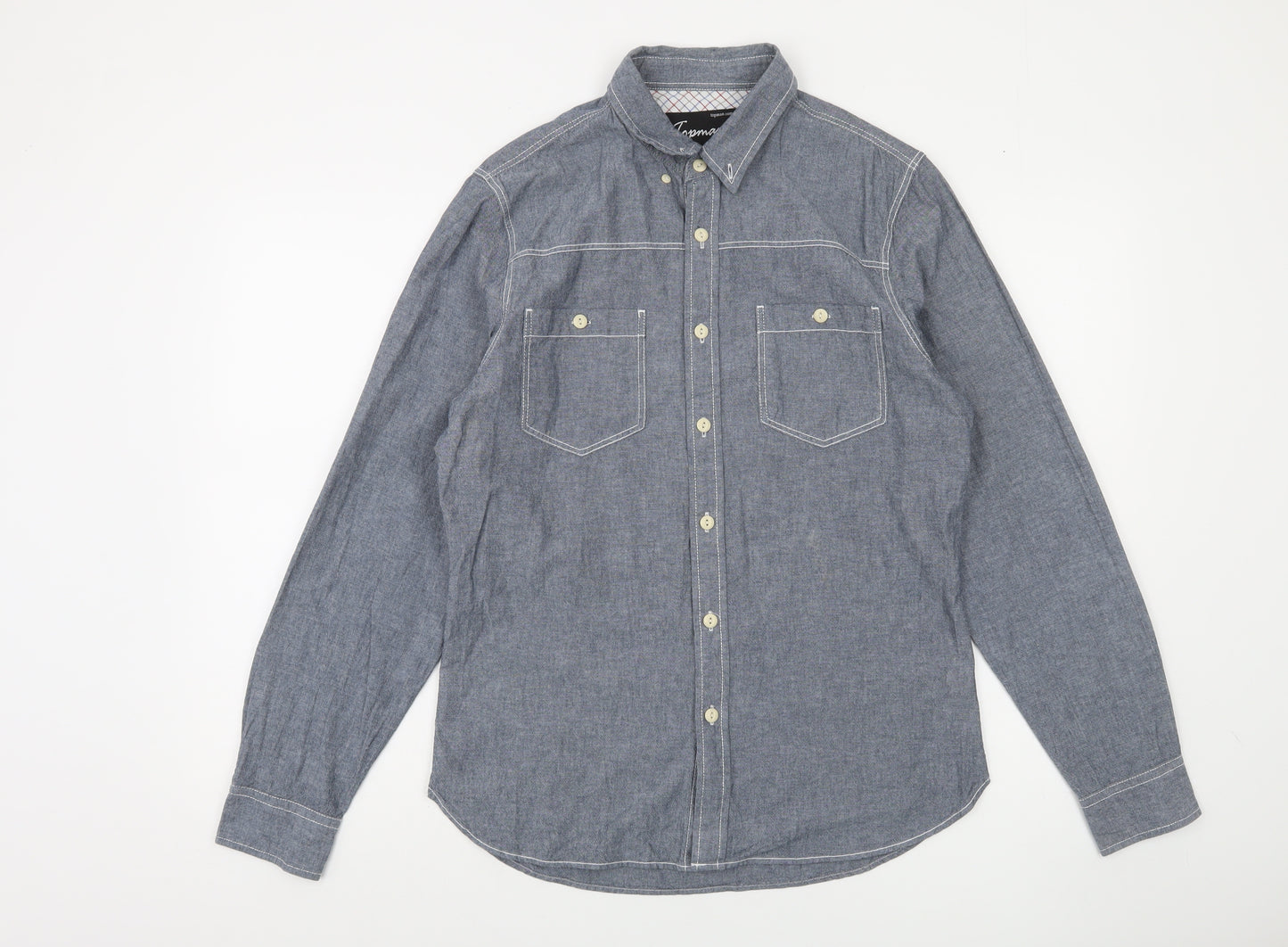 Topman Men's Blue Cotton Button-Up Shirt UK M Long Sleeve Casual