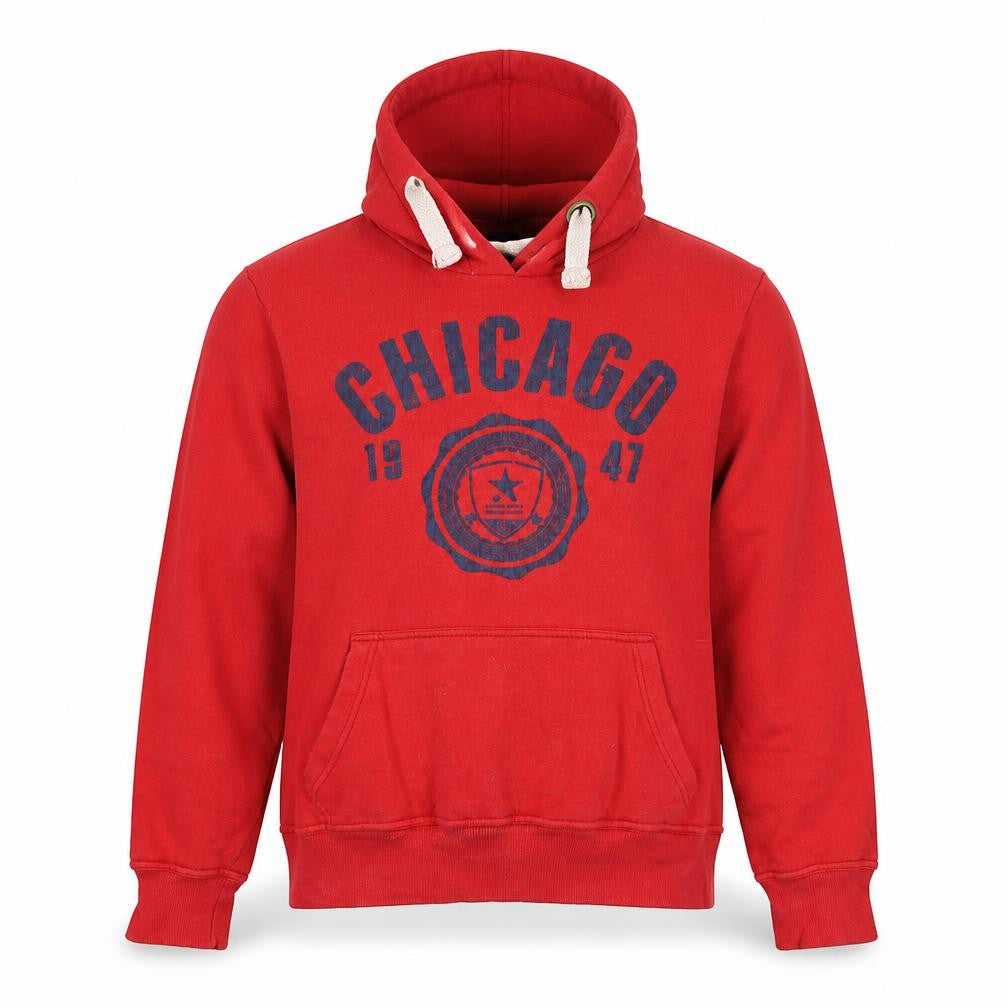 Front view of CargoQuay Men’s Red Chicago Pullover Hoodie L Fleece Graphic Print