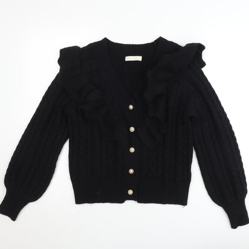 Exquiss’s Women Black Cable-Knit Ruffle V-Neck Cardigan M