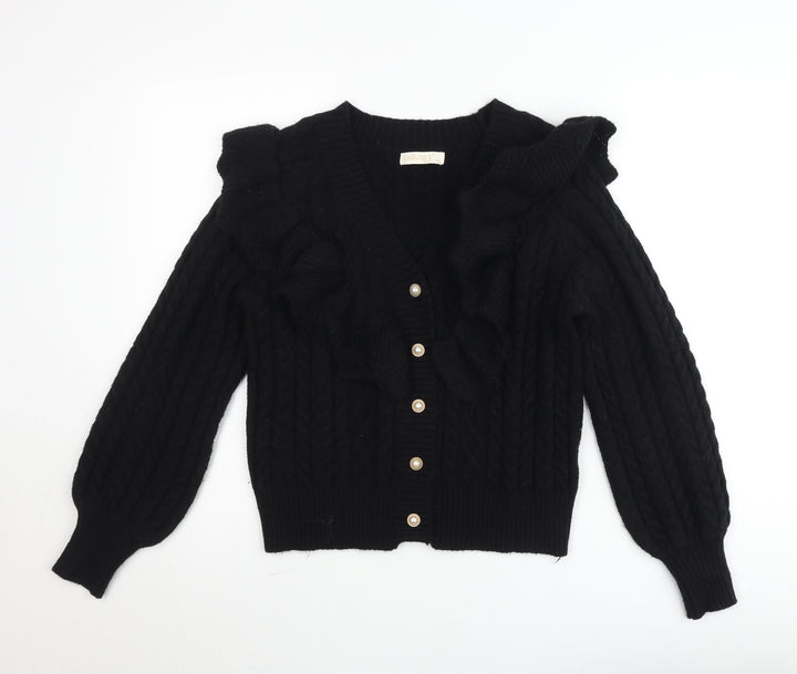 Exquiss’s Women Black Cable-Knit Ruffle V-Neck Cardigan M