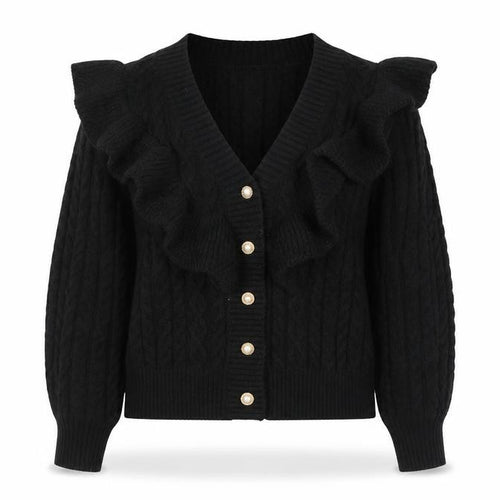Exquiss’s Women Black Cable-Knit Ruffle V-Neck Cardigan M