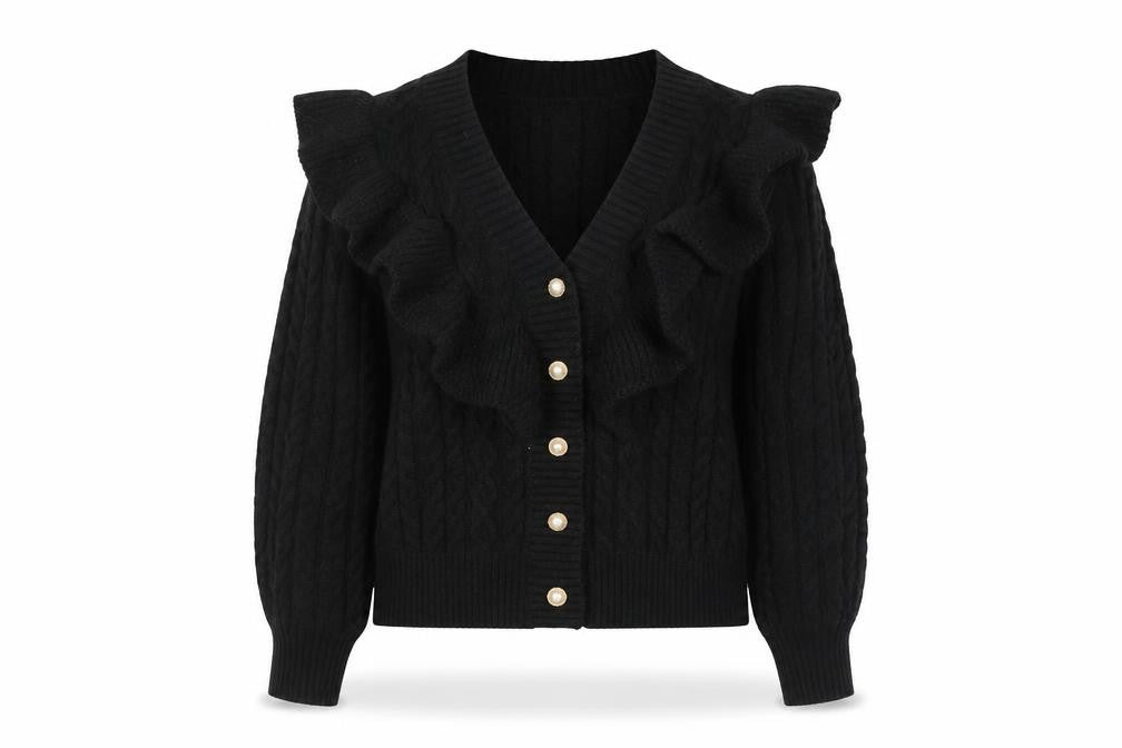 Exquiss’s Women Black Cable-Knit Ruffle V-Neck Cardigan M