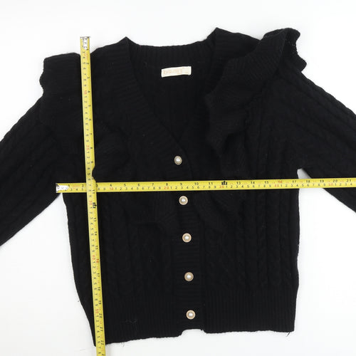Exquiss’s Women Black Cable-Knit Ruffle V-Neck Cardigan M