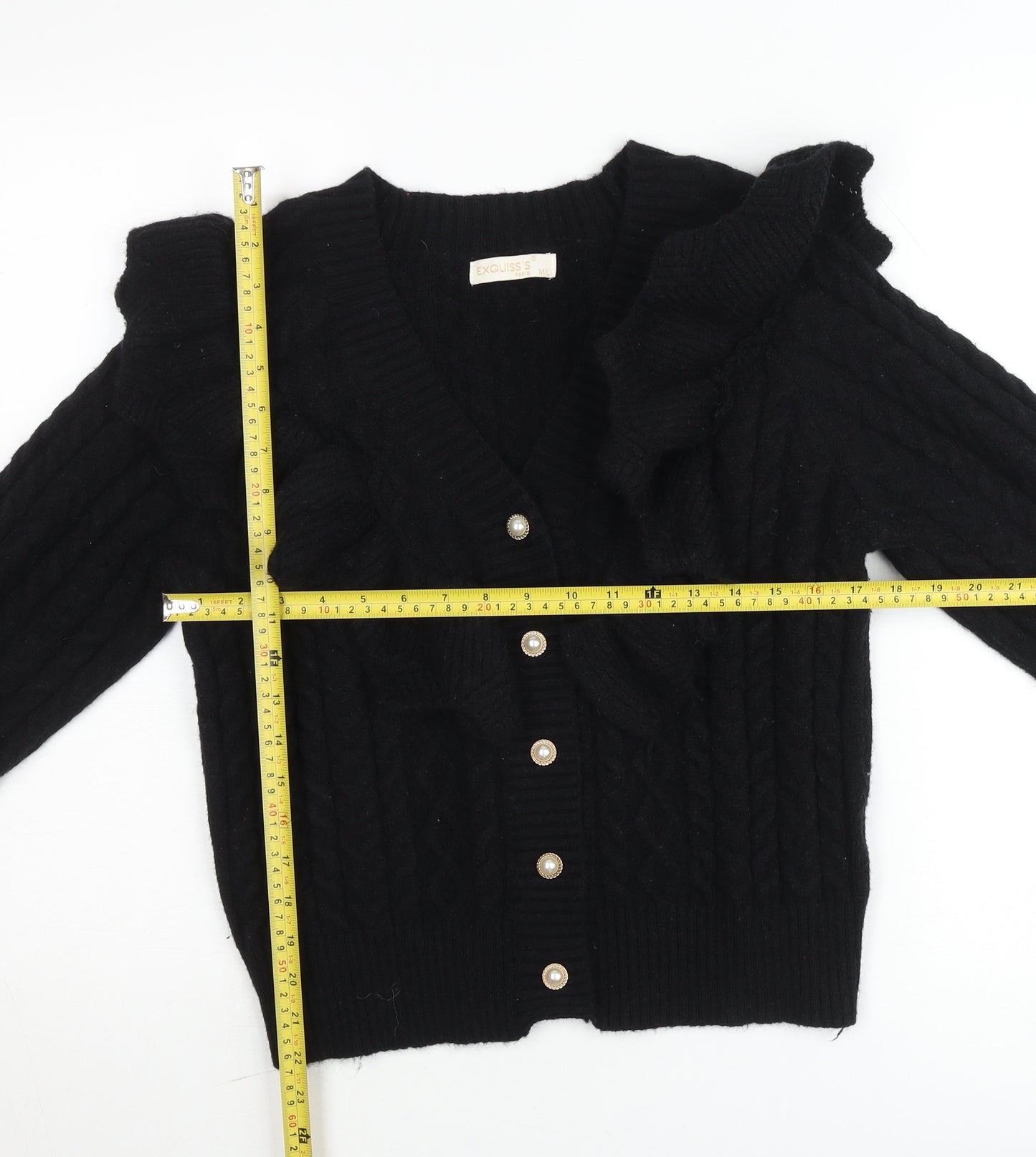 Exquiss’s Women Black Cable-Knit Ruffle V-Neck Cardigan M