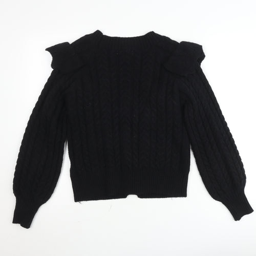Exquiss’s Women Black Cable-Knit Ruffle V-Neck Cardigan M