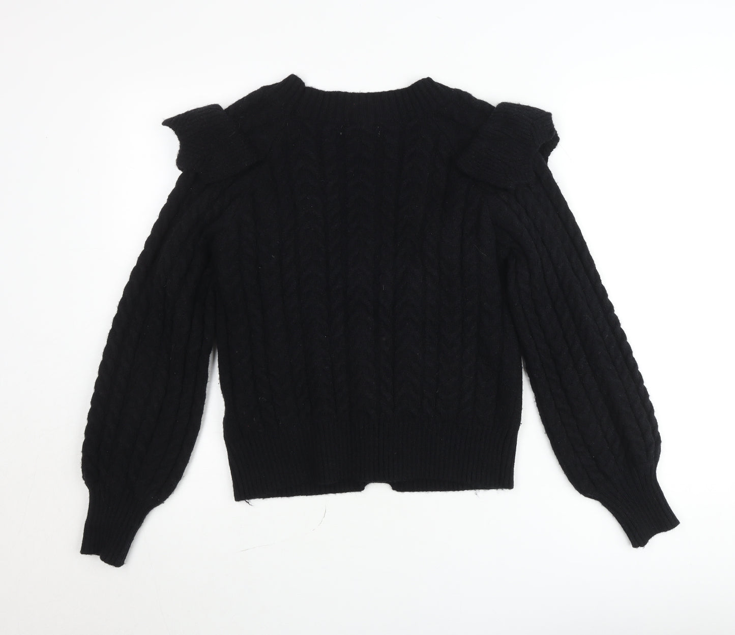 Exquiss’s Women Black Cable-Knit Ruffle V-Neck Cardigan M