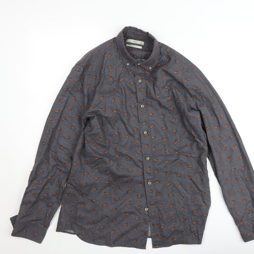 Mango Man Grey Slim Fit Dog Print Cotton Button-Up Shirt Size M