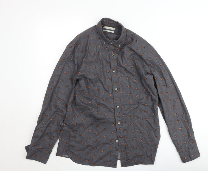 Mango Man Grey Slim Fit Dog Print Cotton Button-Up Shirt Size M