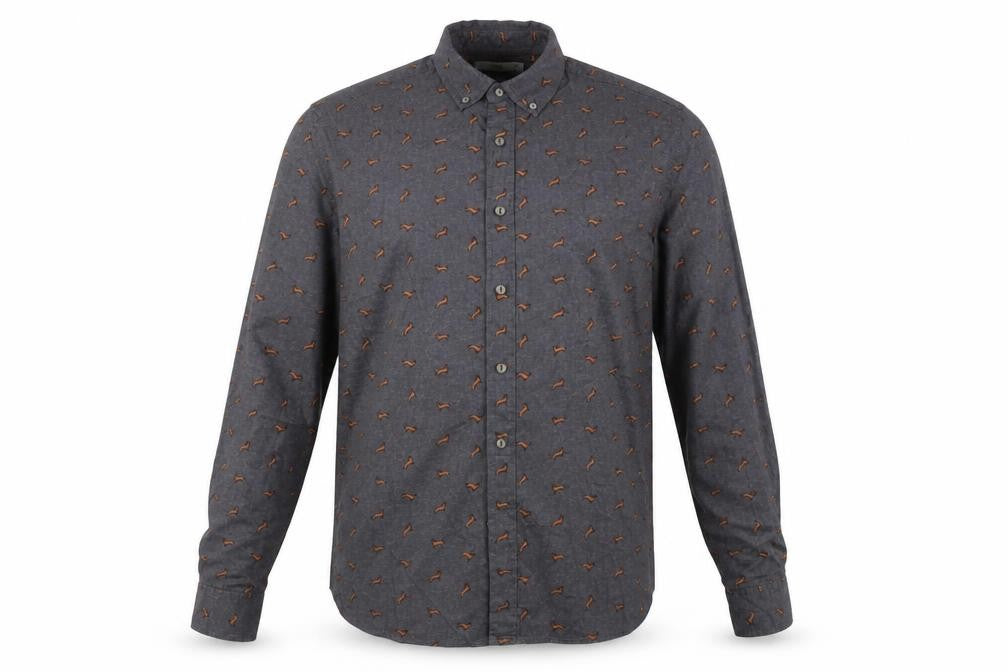 Front view of Mango Man Grey Slim Fit Dog Print Cotton Button-Up Shirt, size M